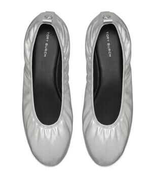 Tory Burch Flats Eddie 2.0 Ballerina Shoes Metallic Silver Leather size 8